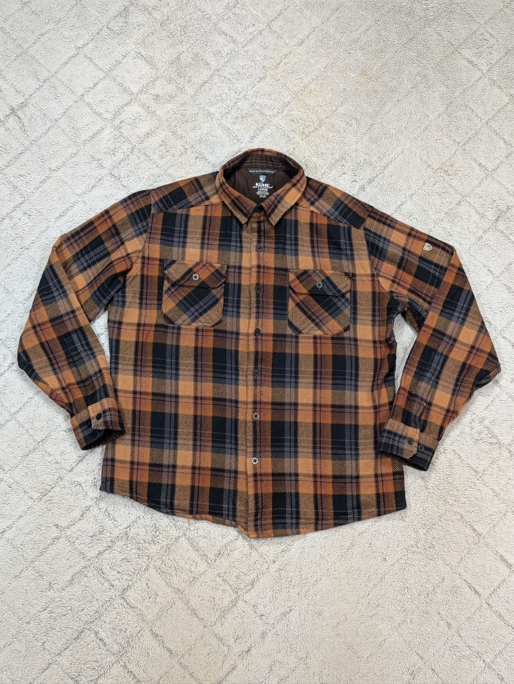 Kuhl Shirt Mens L Brown Orange Plaid Disordr Flannel Heavy Twill Outdoor Work